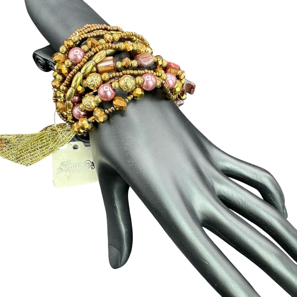 True Bronze Bead Medley Stretchy Stack Bracelet Set Gold Ribbon